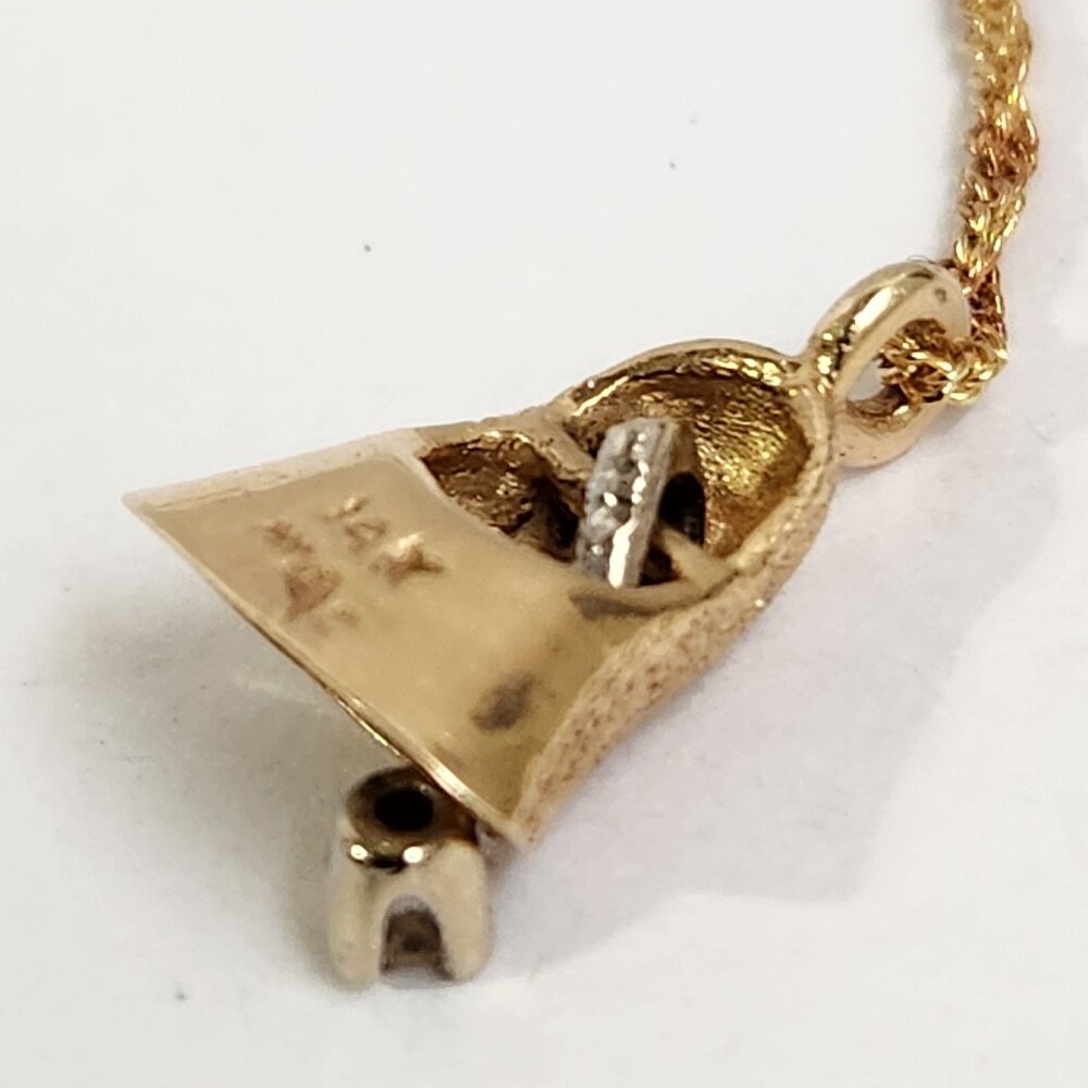 [SOLD] 1980's 14k Textured Gold Moveable Bell w/ Real Diamond Pendant Necklace - Picture 12 of 15